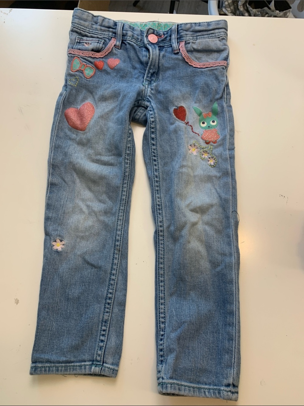 H&M Light Blue Girls Straight Leg Jeans with Pink Embroidery